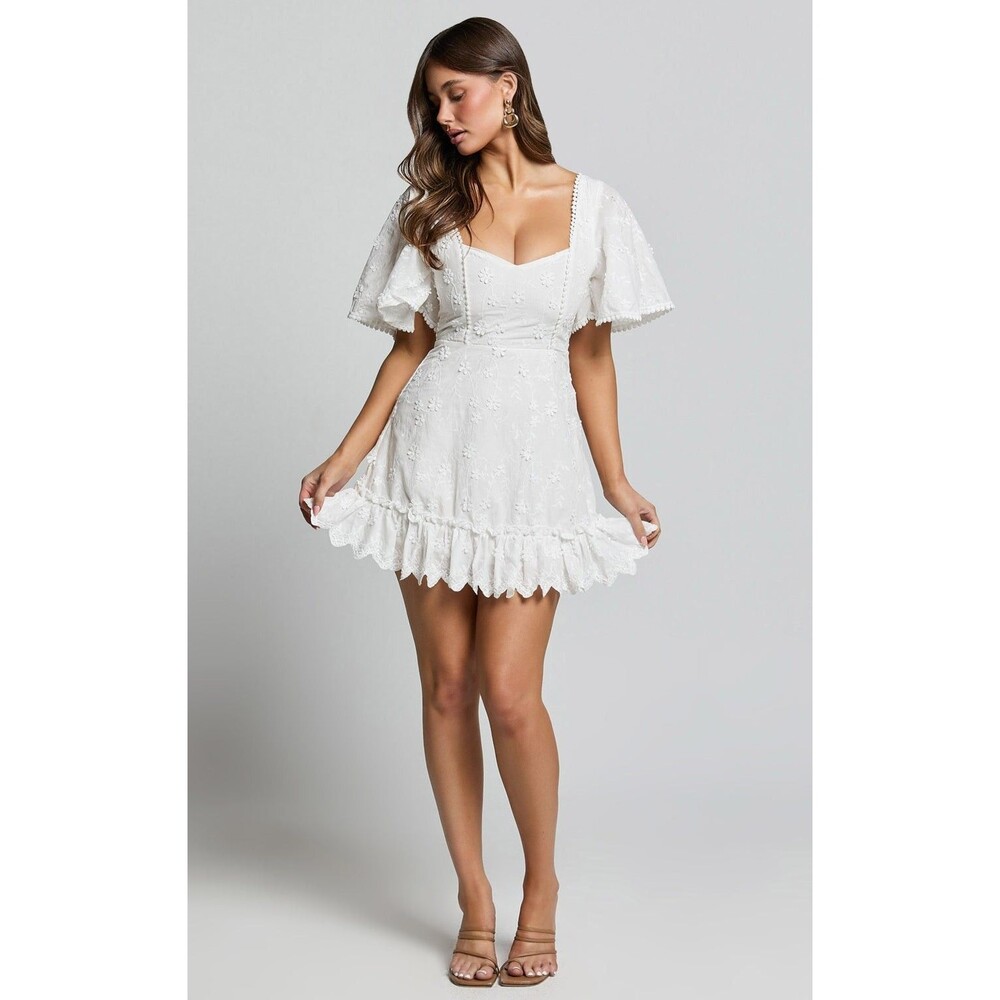 Showpo Fancy A Spritz Dress White Floral Flutter Sleeve Romantic Ethereal US 6